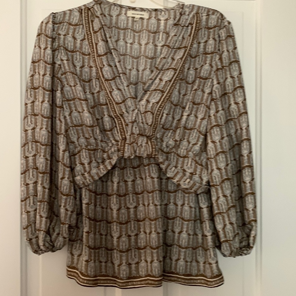 Max Studio peplum top, blue and brown print
